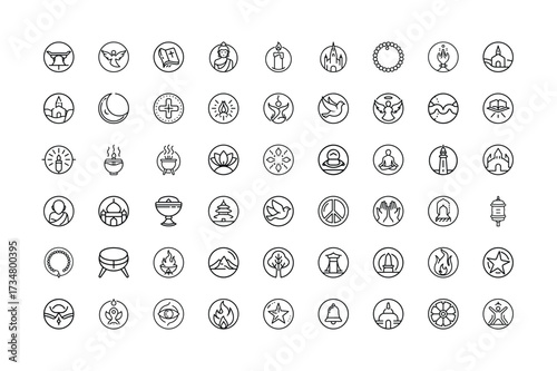 Vector art of a comprehensive collection of 50 handdrawn icons related to religion, spirituality, and culture, , suitable for diverse design projects