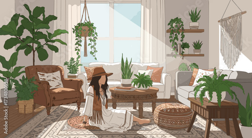 Bohemian living room interior design with woman plants and sunlight for home decor and style inspiration