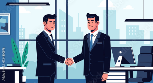 Businessmen shaking hands in office meeting partnership agreement deal negotiation collaboration teamwork success