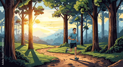 Man running through forest trail at sunrise fitness workout cardio exercise healthy lifestyle outdoor activity