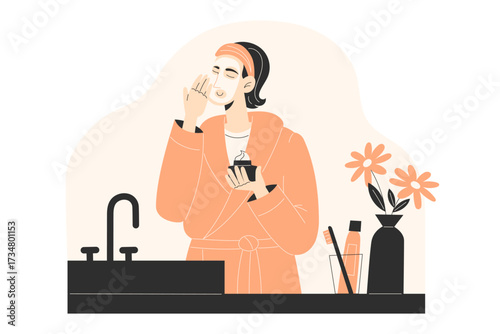 Person applying face cream in a bathroom setting
