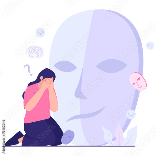 Person crying before a large mask