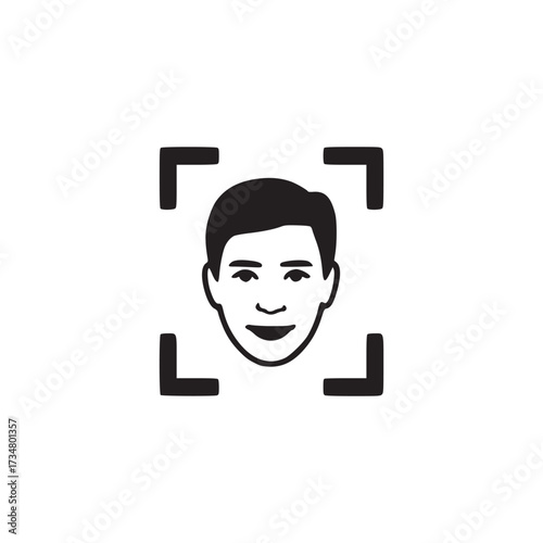 Vector art of icon of a face being scanned, the face is in the center of a square with brackets in each corner the face is smiling and has short hair the icon is simple and clean