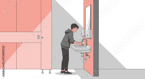 Illustration depicting a young man thoroughly washing his hands in a public restroom sink