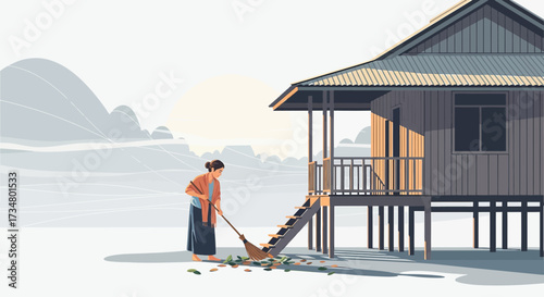Illustration depicting a woman sweeping leaves near a traditional stilt house in a rural setting