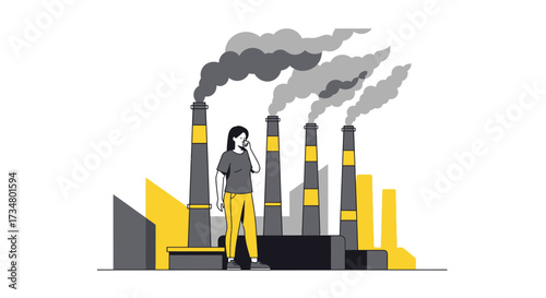 Illustration depicting woman concerned by the pollution emanating from industrial chimneys showing