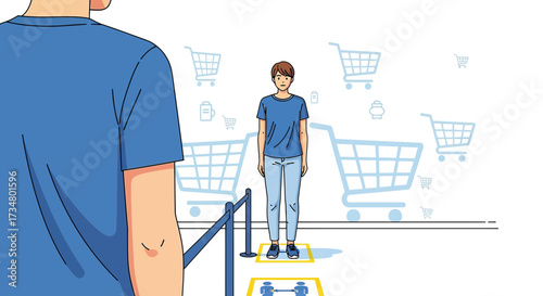 Illustration depicting social distancing measures in a retail environment for safety