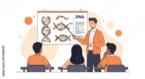 Illustration of a Biology Class with Students Learning About DNA Structure Shown on a Presentation