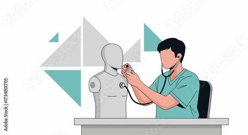 Illustration of a doctor examining a mannequin with stethoscope in a modern hospital setting