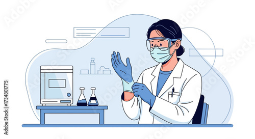 Illustration of a female scientist preparing for lab work in a sterile environment meticulously