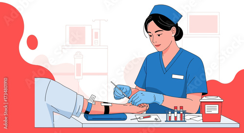 Illustration of a healthcare worker drawing blood from a patient with medical equipment nearby and