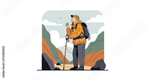 Illustration of a hiker with backpack and walking stick enjoying the mountain scenery