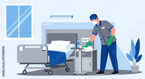 Illustration of a hospital worker cleaning a patient room during the pandemic era showing care and