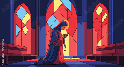 Illustration of a kneeling nun in prayer with rosary in a church with stained glass windows