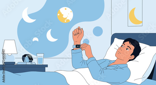 Illustration of a man checking his smartwatch in bed at night with a moonlit background