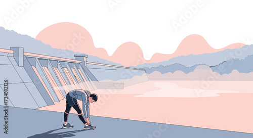 Illustration of a man tying his shoelaces before a run near a dam and a scenic landscape