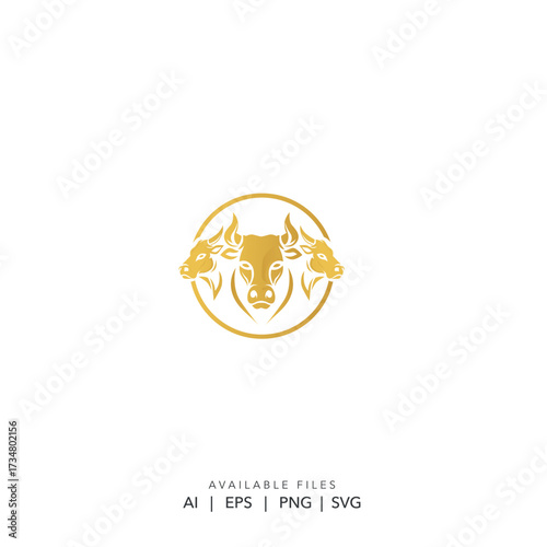 Golden bull head logo with horns, Taurus zodiac symbol corporate logo