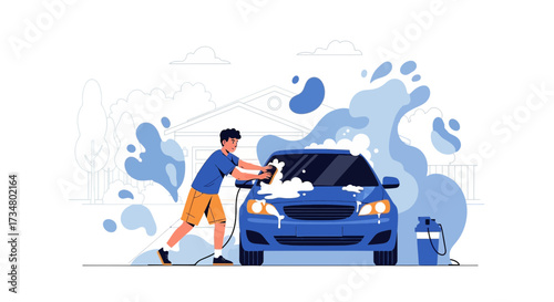 Illustration of a man washing his blue car with soap and water at home vector