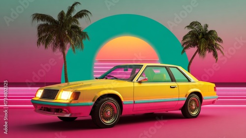 A vintage yellow car parked on a pink road with a palm tree in the background under a neon-lit sky. The composition is close-up, focusing on the car's front and side profile.