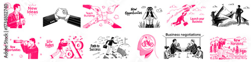 Business and teamwork concepts. Start Up and look for opportunities. Banner in hand drawn outline style for your company, management, strategy, negotiations, new horizons, success 