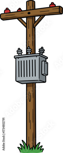Cartoon illustration of a wooden utility pole with transformer and insulators Keywords: utility pole