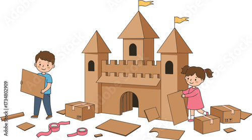 Children building a large cardboard castle with boxes and tape on a white background Keywords