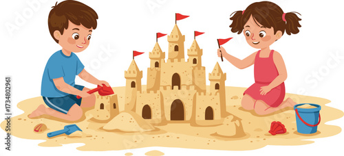 Children building a sandcastle on a beach with tools and a bucket Keywords: beach, sandcastle