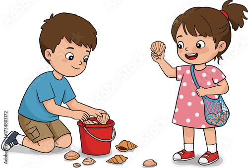 Children collecting seashells on a beach with a bucket Keywords: beach, children, collecting