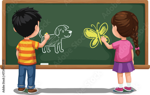 Children drawing dog and butterfly on a chalkboard with chalk girl