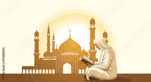 Illustration of a Muslim Woman Reading the Quran in Front of a Mosque on Beige Background