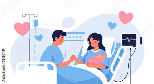 Illustration of a new family in the hospital enjoying the arrival of their baby