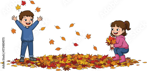 Children playing in a pile of autumn leaves Keywords: children, kids, boy, girl, playing, autumn