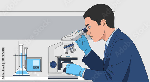 Illustration of a scientist working with a microscope in a laboratory setting for research and