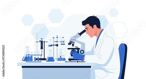 Illustration of a scientist working with a microscope in a laboratory setting for research and