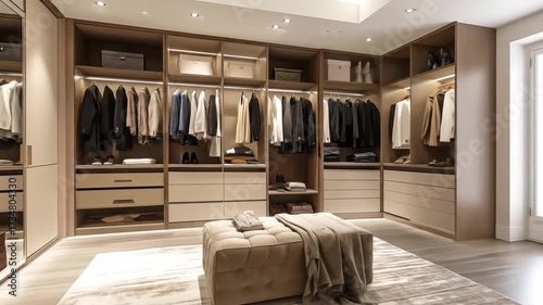 The ultimate dream walk-in closet featuring organized apparel storage, bespoke shelving, and a plush central ottoman for a luxurious home