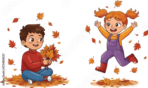 Children playing in autumn leaves with a boy holding leaves and a girl jumping fall kids
