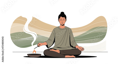 Illustration of a serene individual meditating with incense for relaxation and mindfulness practice