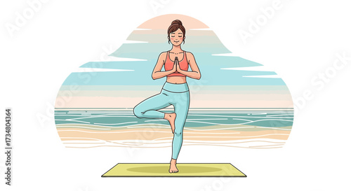 Illustration of a serene woman practicing tree yoga pose on beach for wellness and mindfulness