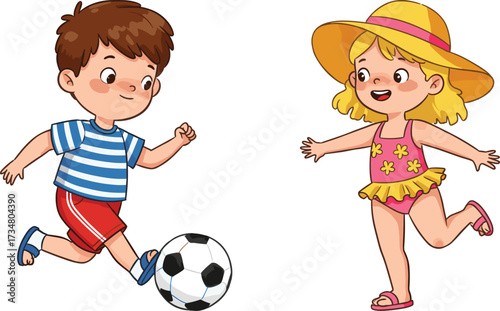 Children playing soccer and running on white background girl