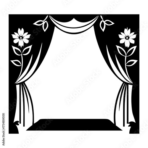 Ornate black and white stage curtain with floral accents and podium