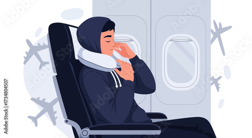 Illustration of a traveler sleeping on a plane with a neck pillow for restful travel experience