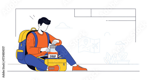 Illustration of a traveler taking medication during a break in a destination place