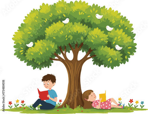Children reading books under a large tree with flowers and birds kids learning