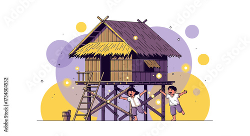 Illustration of a traditional stilt house with children playing in a rural setting