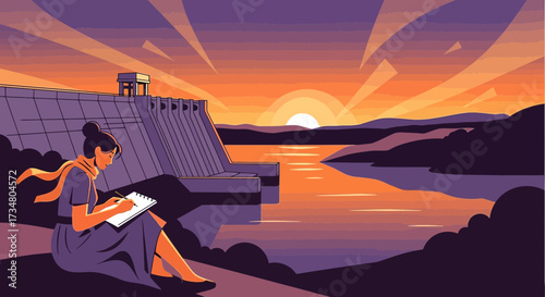 Illustration of a woman drawing a landscape at sunset with dam background, creative art