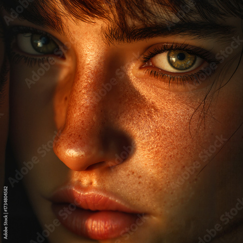 Young woman with freckles gazing intently in soft light  