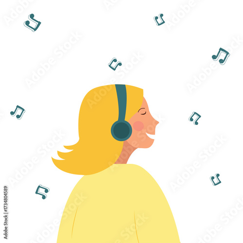 Blonde girl with headphones, smiling and listening to music, musical notes around