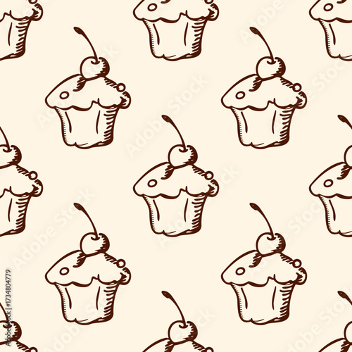 Seamless pattern of brown outlined cupcakes with cherries on top