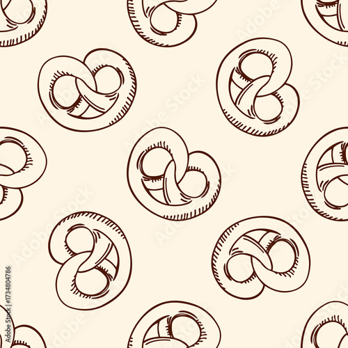 Seamless pattern of brown pretzels on a cream background