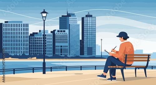Illustration of an artist sketching urban landscape sitting on a bench near a waterfront city view
